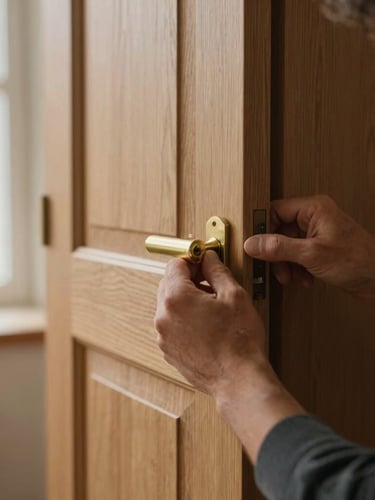 Close-up of a master carpenter fitting a brass door handle onto a custom oak cabinet, warm natural light, shallow depth of field, 35mm lens.