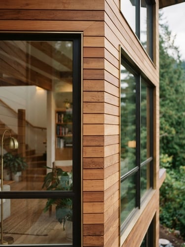 Architectural elevation of a modern West Coast home in North Vancouver, soft natural window light, mitered cedar siding, shallow depth of field, 35mm lens.