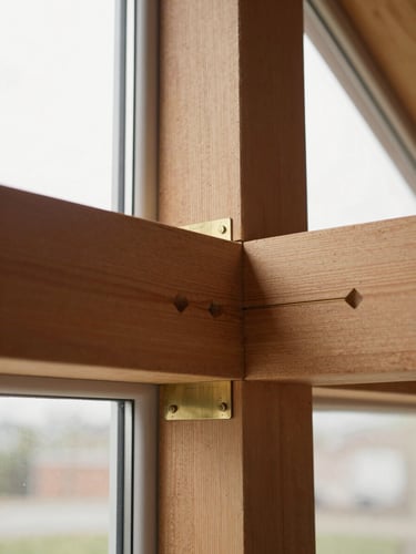 Close-up of a perfectly aligned structural timber connection, warm natural window lighting, architectural precision, 35mm lens