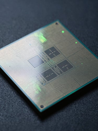 Macro shot of a high-tech silicon wafer under cool high-contrast industrial lighting, sharp metallic textures, deep slate background with subtle neon green reflections, 50mm lens.