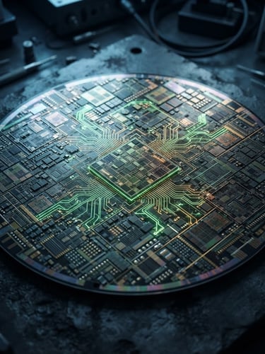 Macro shot of a silicon wafer on a dark industrial surface, glowing with subtle neon green and amber data overlays, cool high-contrast lighting, sharp metallic textures.