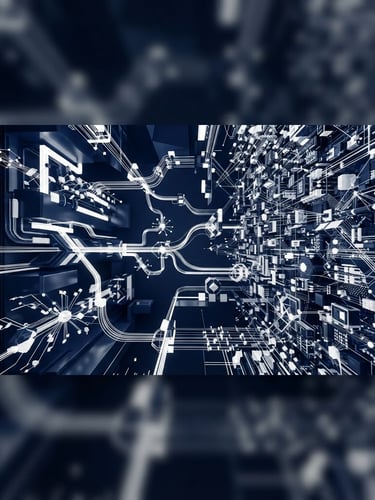 Wide panoramic abstract 3d render, geometric data visualization representing a complex data pipeline, deep navy and stark white, crisp lighting, high contrast, macro detail on the right third.