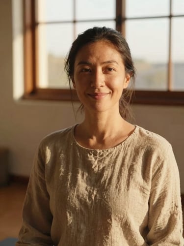 Warm portrait of a female yoga teacher in her late 30s, smiling gently, warm golden-hour window light, soft linen clothing, Miraflores studio background, 35mm photography