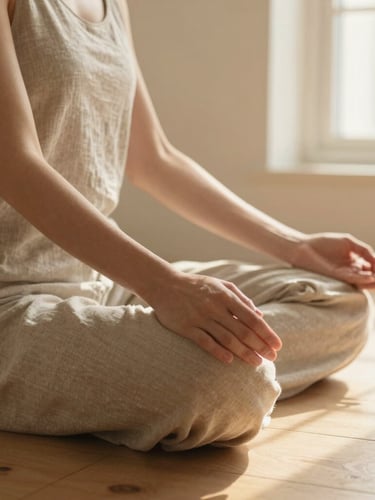 Hands of a woman resting gently on her knees in a meditative posture, soft morning window light, natural wood floor, linen textures, warm editorial photography