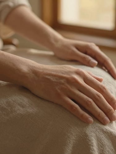 Close-up of hands resting gently on soft organic linen fabric, warm golden hour light, shallow depth of field, earthy tones