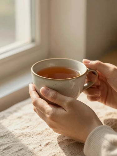 Warm editorial photo of hands holding a warm ceramic cup of tea, soft morning window light, linen textures, shallow depth of field, 35mm