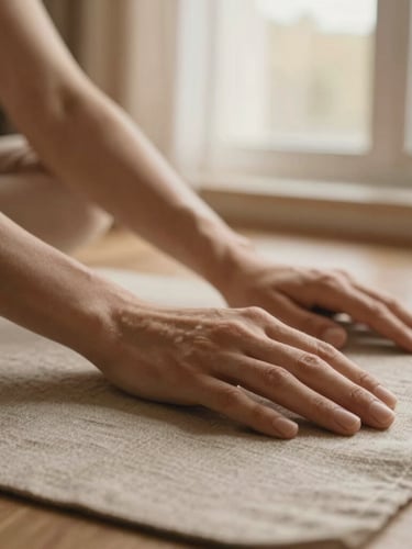 Warm diffused morning window light, close-up of hands resting gently on linen fabric during a somatic yoga pause, earthy tones, shallow depth of field, 35mm
