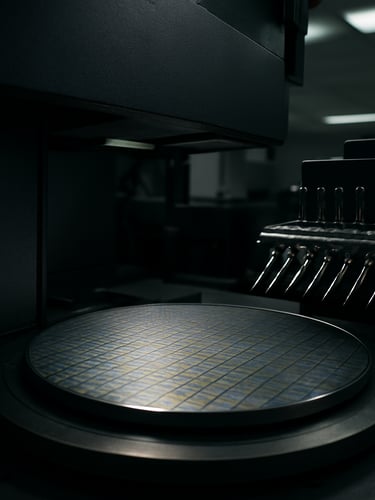 Wide panoramic shot of a semiconductor wafer probe station interior, wafer centered on the chuck under overhead clinical fluorescent lighting, rows of precision probes visible in sharp focus to the right third of the frame, deep charcoal equipment housing filling the left, cool industrial atmosphere with hard shadow detail