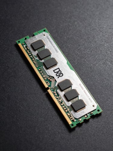 Overhead studio shot of a DDR3 memory module on a matte charcoal surface, hard side-lighting from the left casting precise shadows along the chip outline, circuit traces visible, cool white illumination, no background clutter