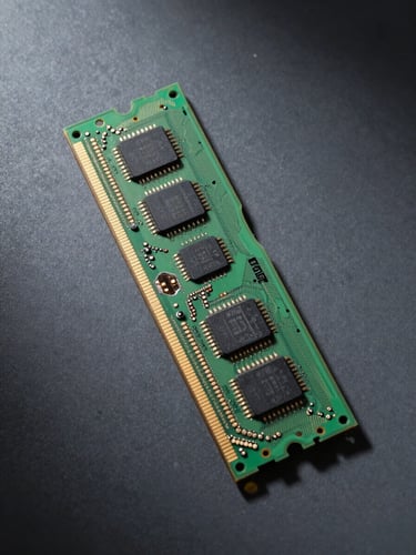 Overhead studio shot of a DDR4 memory module on a matte charcoal surface, hard side-lighting from the right casting precise shadows along the chip outline, gold bond wires visible under magnification, cool clinical illumination, no background clutter