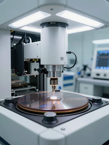 Wide shot of a semiconductor wafer probe station in an industrial cleanroom, overhead view of a 300mm wafer on a precision chuck under test needles, cool fluorescent lighting, clinical white environment, sharp technical detail, no human figures