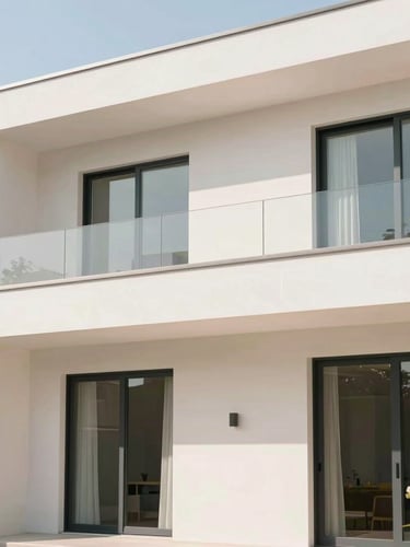 Bright sunlit modern home exterior with clean architectural lines, soft natural daylight, pastel color accents, minimalist composition, 35mm lens