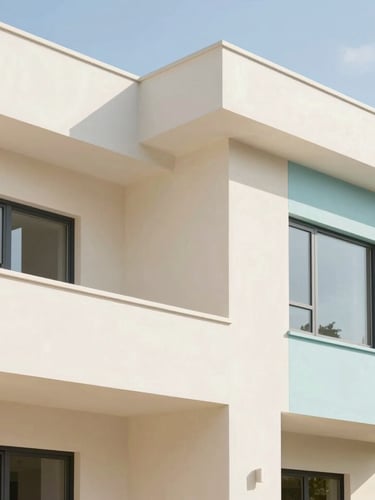 Bright sunlit detail of a modern residential home exterior, clean architectural lines, pastel cream and light blue accents, soft natural daylight, minimalist architectural composition, high-end real estate style, 35mm lens