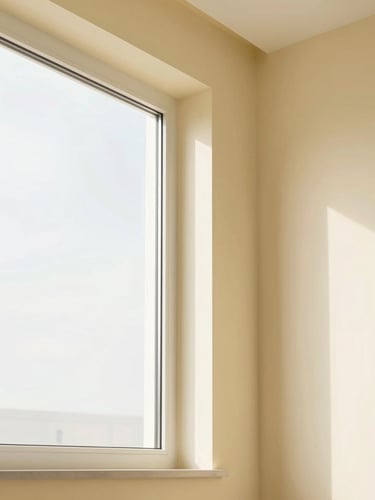 Minimalist close-up of a sunlit modern home window frame, pastel cream yellow wall, clean architectural lines, soft natural overcast daylight, 35mm lens.