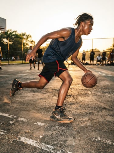 Dynamic low-angle shot of a teenager driving to the hoop on an outdoor asphalt court, dramatic golden hour sunlight, authentic motion blur, gritty high-contrast tones.