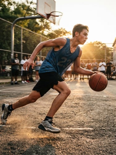 Dynamic low-angle shot of a teenager driving to the hoop on an outdoor asphalt basketball court, golden hour sunlight catching the dust, authentic motion blur