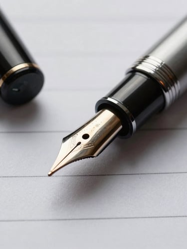 Tight macro detail of a heavy steel fountain pen resting on textured legal paper, sharp directional office lighting, stark shadows.