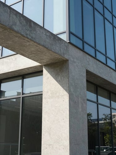 Orthogonal view of a concrete structural column meeting a flawless glass facade, sharp geometric shadows, clean minimalist lines, bright natural daylight.