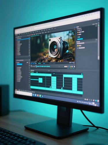 Ultra-sharp macro shot of a modern digital studio setup, vibrant neon-cyan backlights illuminating a high-end monitor displaying motion graphics, high-key direct lighting, vertical-safe composition, no soft shadows.