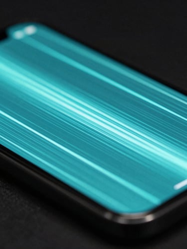 Ultra-sharp macro shot of a glowing neon-cyan smartphone screen showing fast-paced motion graphics in a dark studio, high-key direct digital illumination