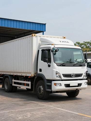 A real, modern Tata Signa container truck parked at a clean loading bay in Maharashtra, bright natural daylight, sharp profile view, no AI elements.