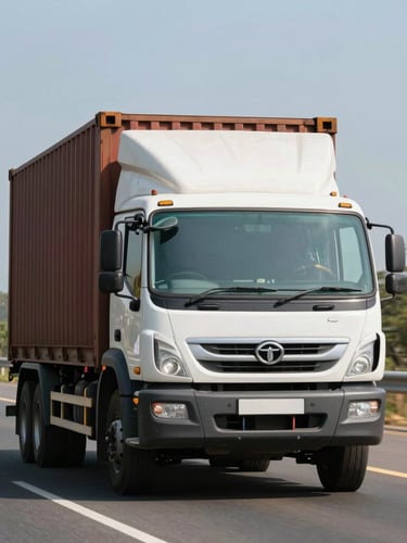 A real Indian container truck, modern Tata Signa model, in transit on a bright highway under clear daylight, straight-on profile view