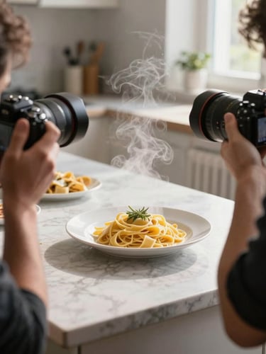 Candid over-the-shoulder shot of an agency photographer capturing steam rising from a fresh plate of handmade pasta in a sunlit Scandinavian-style kitchen.