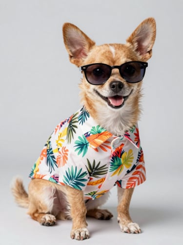A happy small dog wearing a colorful tropical shirt and tiny sunglasses, bright studio lighting, light gray background