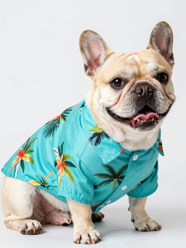 Bright studio photography of a happy French Bulldog wearing a custom-tailored vibrant turquoise tropical shirt, sitting comfortably, eye-level shot, cheerful natural lighting, crisp details, shallow depth of field