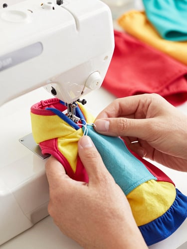 Close-up of artisan hands carefully stitching a tiny colorful pet hoodie with a sewing machine in a bright, organized workshop, colorful fabrics in background