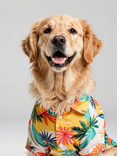 Bright studio photograph of a happy golden retriever wearing a colorful tropical shirt, looking up with a smile, warm natural lighting, soft gray background