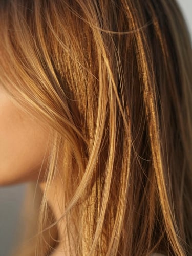 Macro close-up of soft golden-hour light catching rich hair color transitions, shallow depth of field, 35mm editorial photography