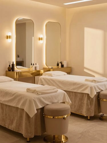 Warm environmental shot of a luxurious beauty salon interior, soft golden-hour light reflecting off gold accents and neutral sand-toned seating, elegant and calm, 35mm