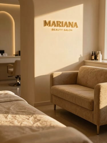 Warm environmental shot of Mariana Beauty Salon's luxurious interior, soft golden-hour light illuminating elegant sand-toned seating, shallow depth of field, 35mm