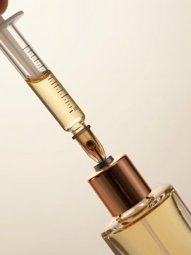 Close-up of a glass syringe carefully extracting golden perfume liquid from a luxury designer bottle, soft warm lighting, minimalist studio background