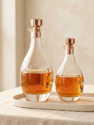 Elegant glass decant bottles catching soft golden-hour studio light, warm off-white background, premium minimalist composition