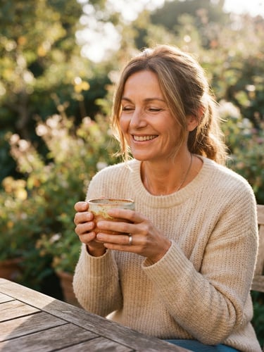 Mulher de meia-idade sorrindo de olhos fechados sob luz solar suave da tarde, segurando uma xícara cerâmica de chá com as duas mãos, tons terracota e creme quentes, profundidade de campo rasa.