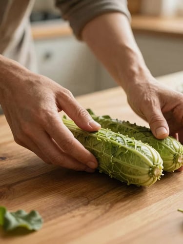 Close-up of hands preparing fresh whole foods on a warm wooden table, soft morning daylight, rustic kitchen background, authentic and warm editorial style