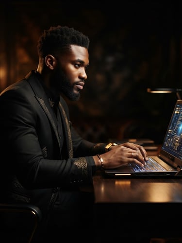 Confident young Equatoguinean man in a tailored black suit with subtle gold embroidery, working on a futuristic laptop, warm dramatic studio lighting, dark background, medium format