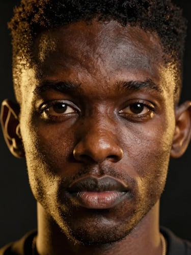 Close-up portrait of a young African tech entrepreneur, sharp focus on eyes, warm golden rim lighting, deep black background, cinematic editorial