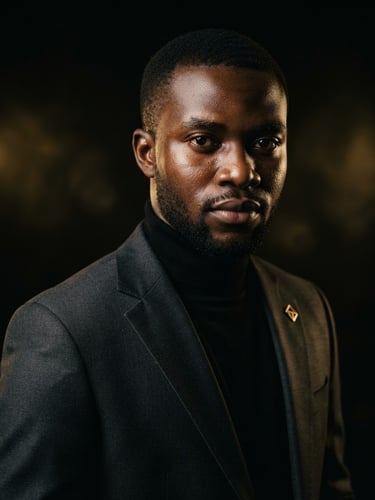 Cinematic editorial photography, medium-close portrait of a young Equatoguinean man in sharp modern tailoring, intense eye contact, dramatic high-contrast studio lighting, deep black background with gold ambient reflections, medium format.