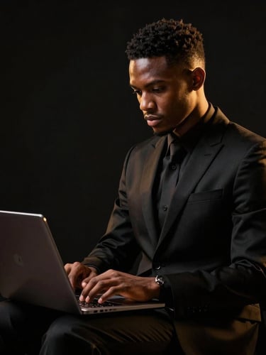 Cinematic editorial portrait of a young Equatoguinean man in a sharp black tailored suit, working on a laptop with golden ambient light, high-contrast dramatic studio lighting, deep blacks.