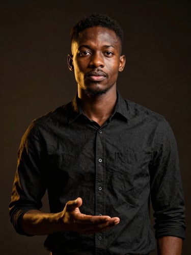 Medium-close portrait of a young African man presenting a business model, high-contrast dramatic studio lighting, rich gold tones.