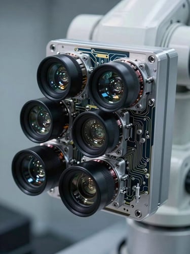 Extreme close-up of an industrial robot sensor array, multiple depth sensors and lens apertures visible in sharp detail, cool controlled studio lighting reveals machined aluminum housing and circuit traces, no human presence, overhead-angled framing showing mechanical precision