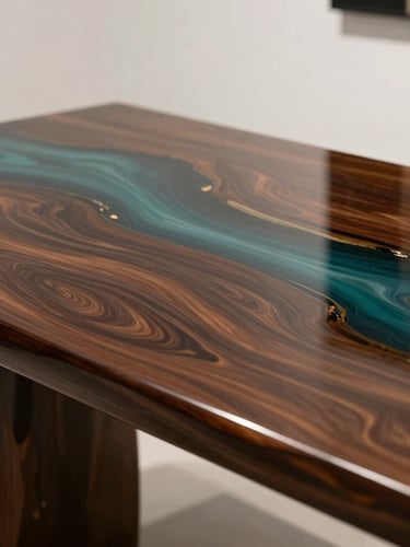 Close-up of a glossy, flawless rich brown and deep teal epoxy resin table surface being polished, minimalist gallery setting, soft side-lighting