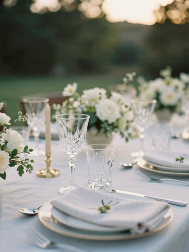 Close-up macro shot of a meticulously arranged outdoor wedding tablescape at golden hour, featuring crystal clear glassware, fine linen napkins, elegant floral centerpieces, and premium tableware, with soft, warm light catching the details.