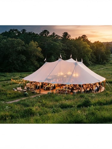 Wide panoramic view of a luxurious white sailcloth tent illuminated at golden hour, set in a sprawling green meadow, elegant tablescapes visible inside, structural integrity evident, deep forest tones, warm ambient lighting.
