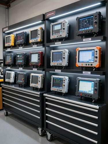 Overhead wide shot of an organised workshop tool wall with marque-specific diagnostic interface units mounted in labelled bays, matte black panel backing, cool-white LED strips illuminating each unit from above, no people, no vehicle visible