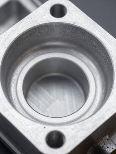 Extreme close-up macro of a freshly cleaned aluminium engine component, surface lit by cool-white overhead LEDs, fine machining marks visible across the metal, shot from directly above, no hands, no people