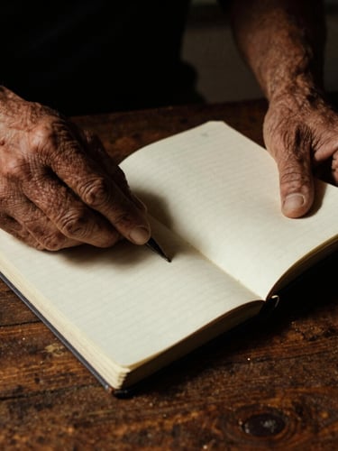 Close-up of weathered hands holding a worn notebook on a dark wooden table, dramatic shadows, warm tungsten light.